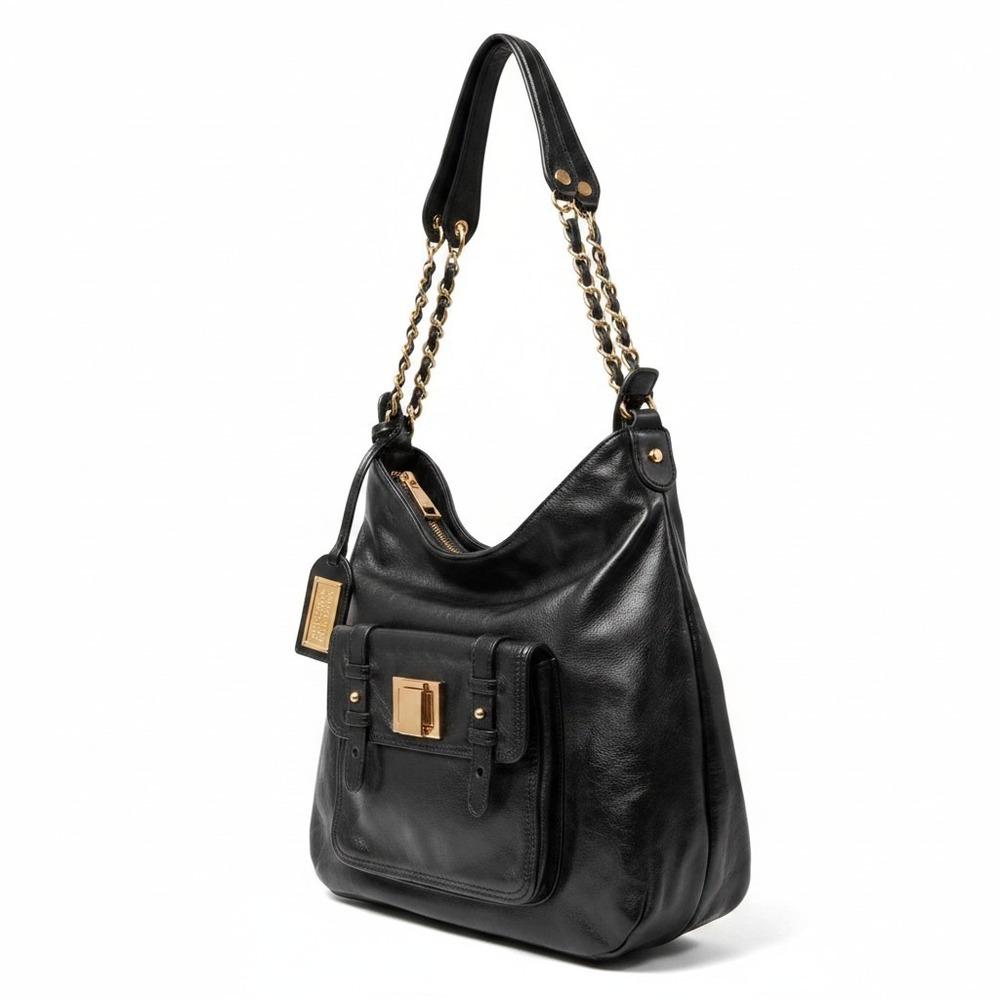 Badgley Mischka Black Leather Hobo Bag Gold Chain Strap Turn Lock Pocket